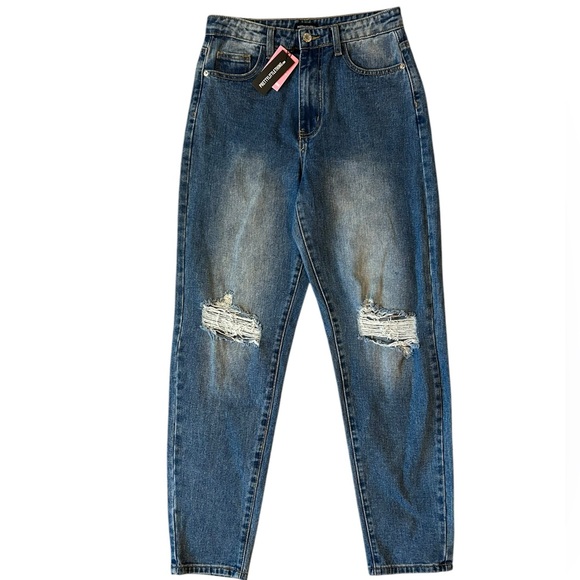PrettyLittleThing Women’s Mom Jeans Midrise Knee Rip 4 - Picture 1 of 7